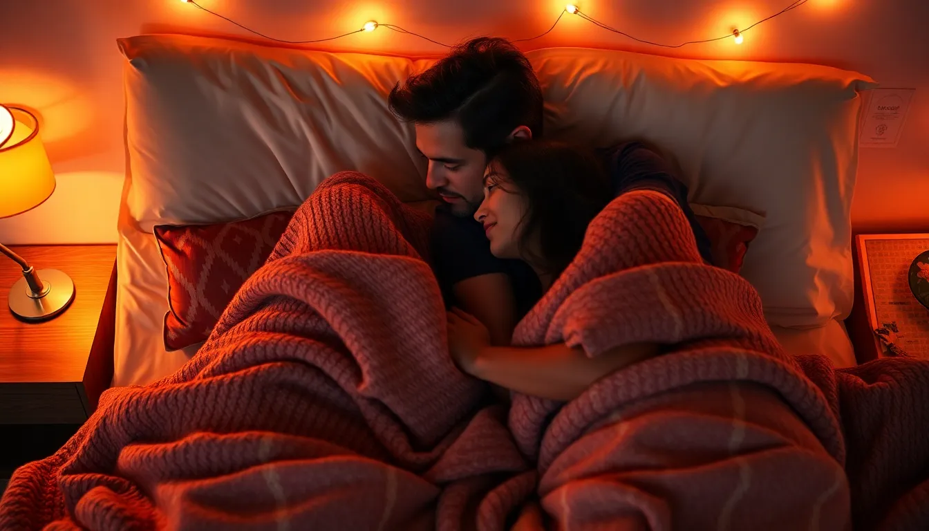 Couple in a spooning position in a cozy bedroom showing warmth, intimacy and trust