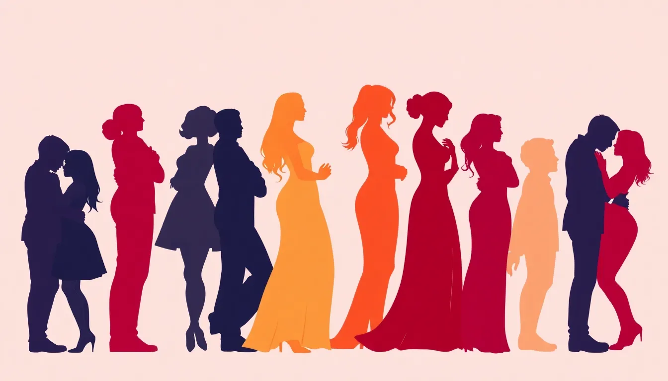 Inclusive body-positive artistic illustration of diverse couples in various intimate positions