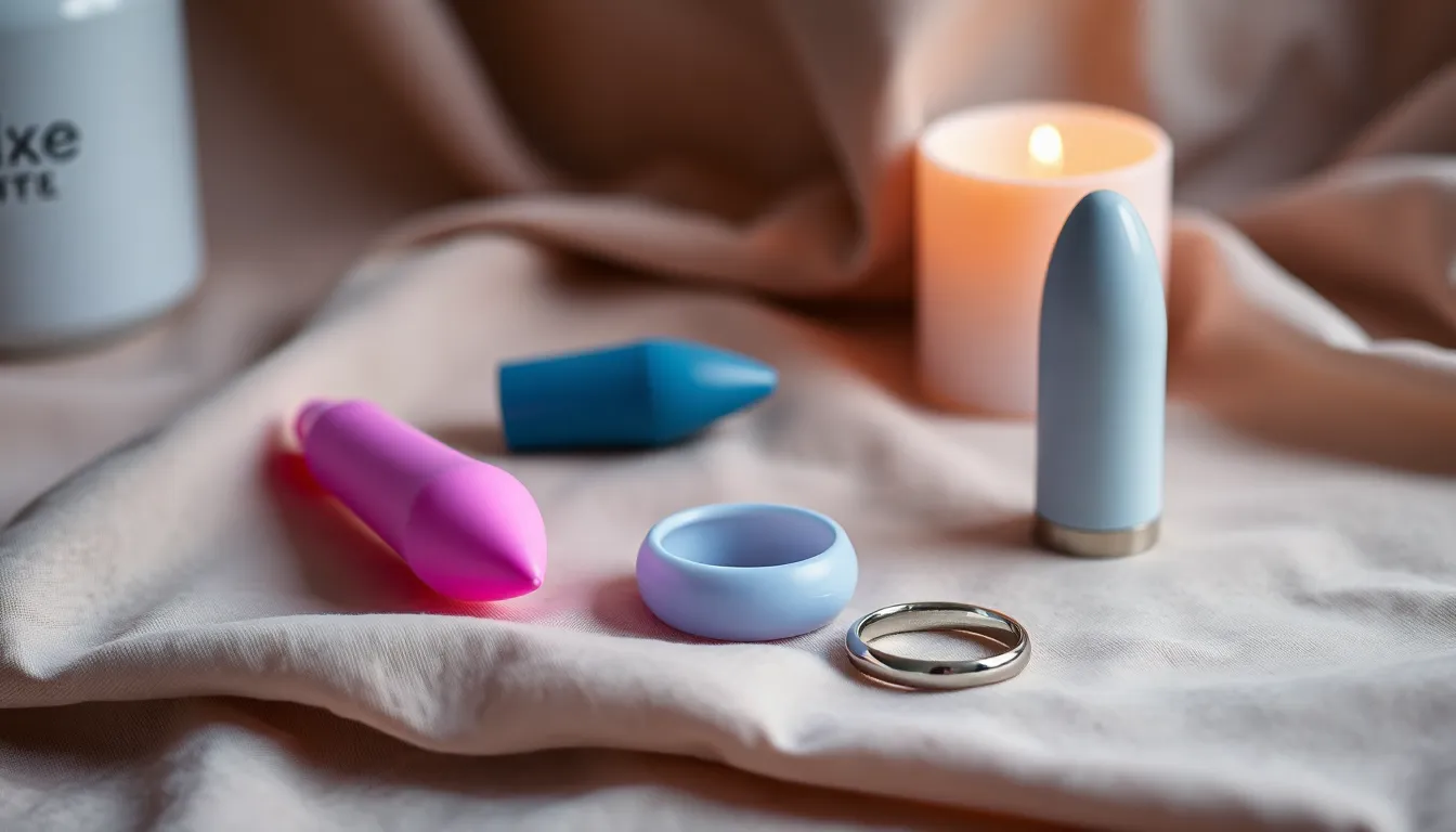 Body-safe sex toys including a clitoral vibrator and couples ring arranged on soft linen
