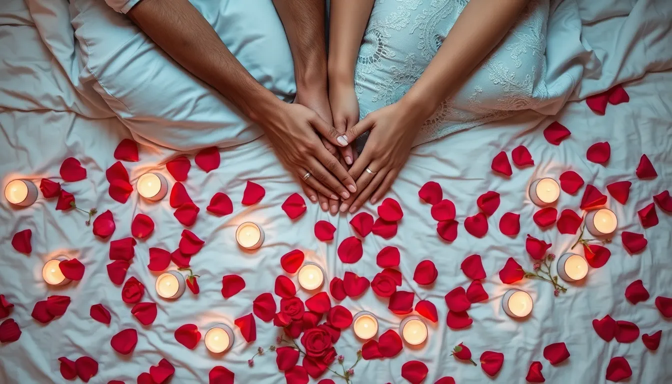Couple holding hands on a bed with candles and rose petals symbolising open communication and emotional intimacy