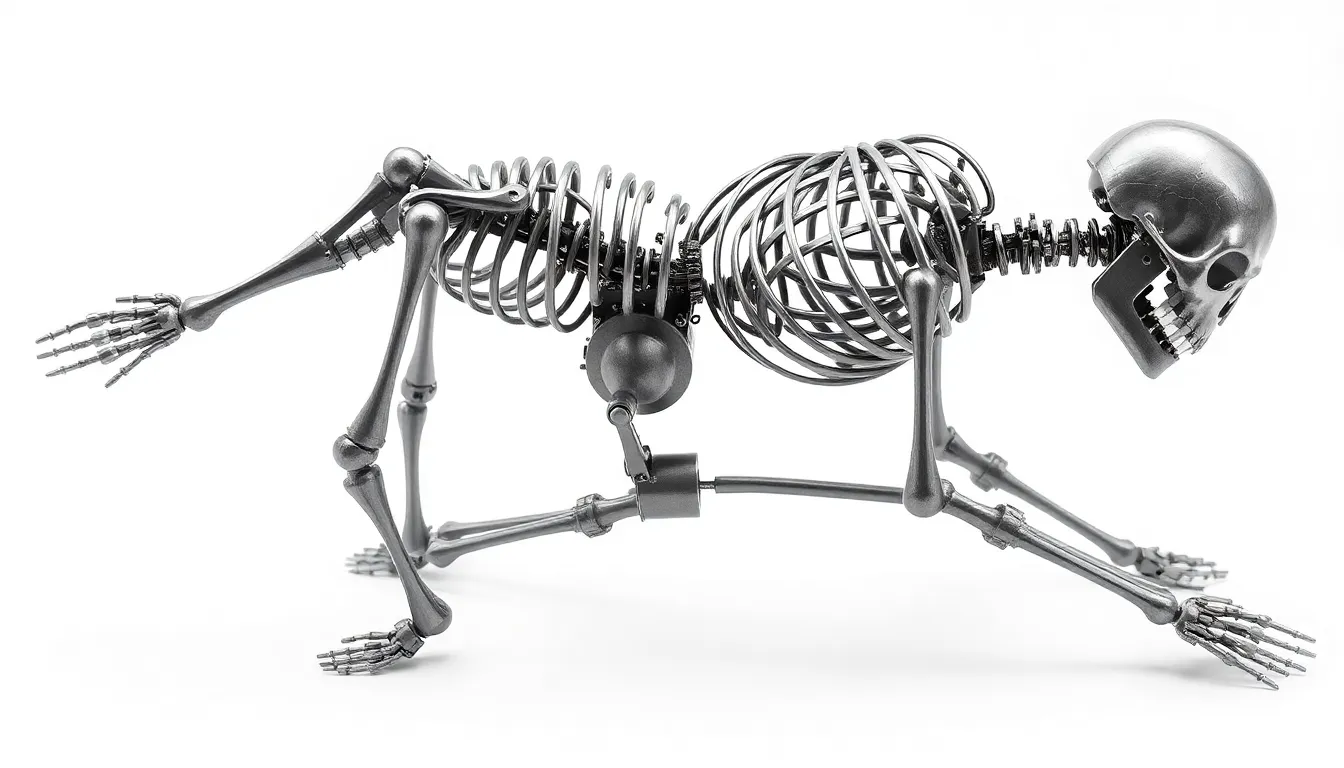 Articulated metal skeleton structure with human-like joints at shoulders, elbows, hips and knees for premium sex doll construction
