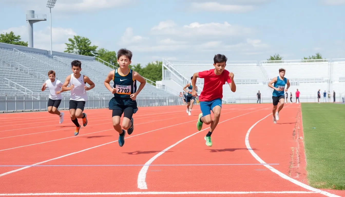 Young athletes competing in various track and field events on a modern outdoor track facility