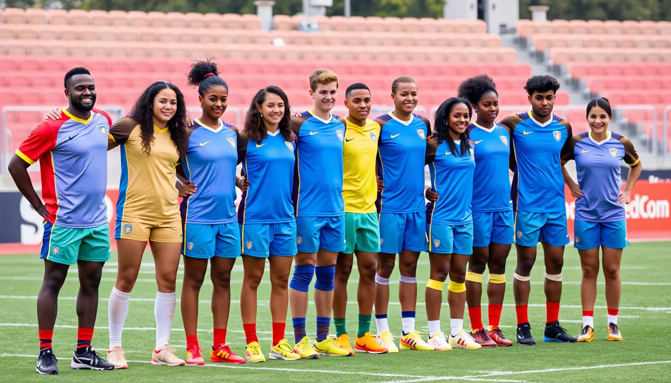 Diverse team of athletes in matching performance uniforms on a sports field representing unity and peak athletic performance