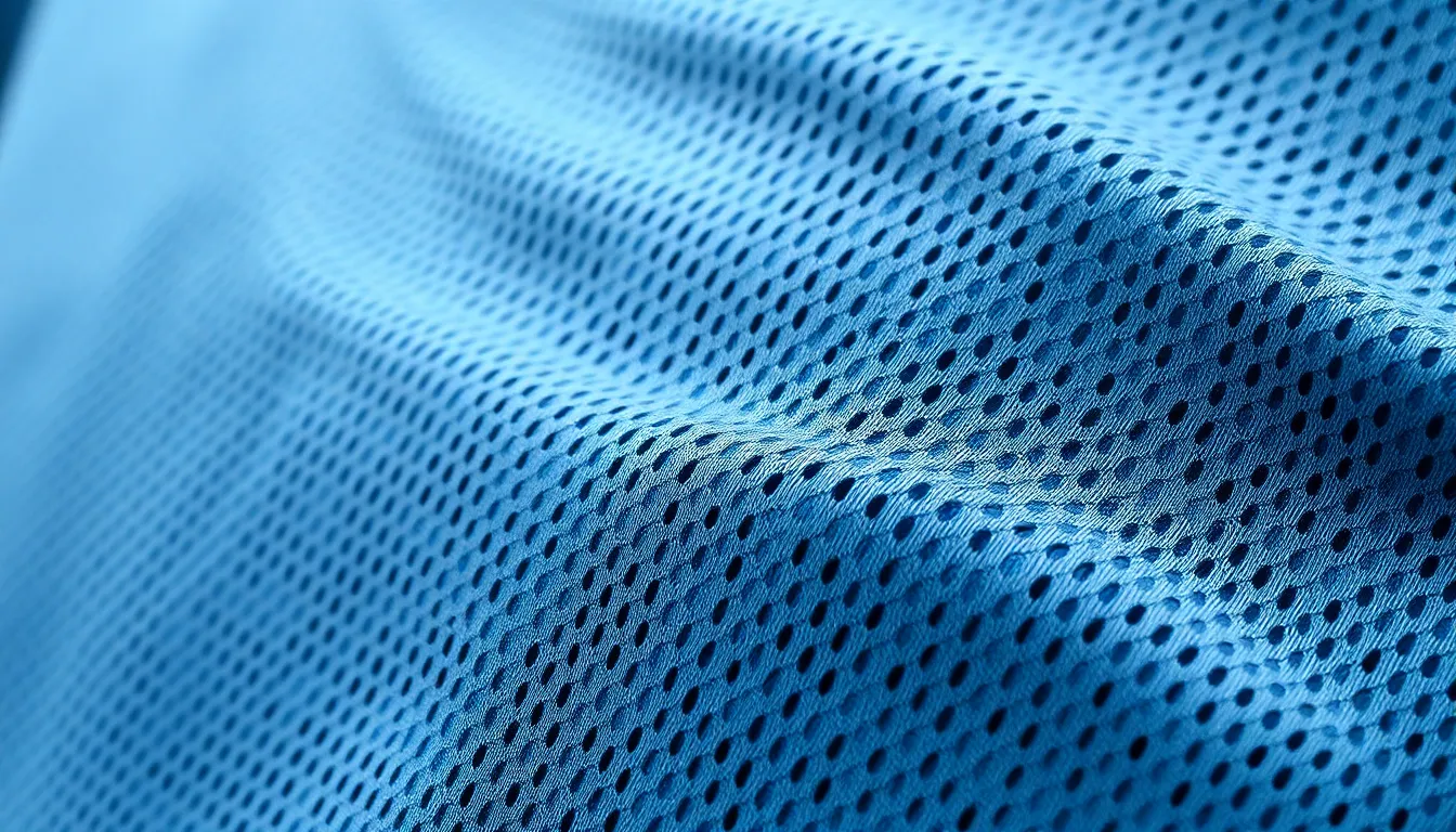 Close-up of high-performance moisture-wicking sports fabric texture showing breathable mesh weave for athletic jerseys