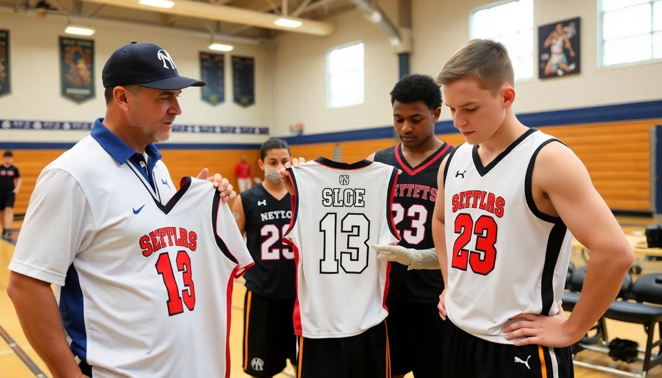 Coach and youth athletes examining custom team uniforms with numbers and logos during a fitting session in a gymnasium