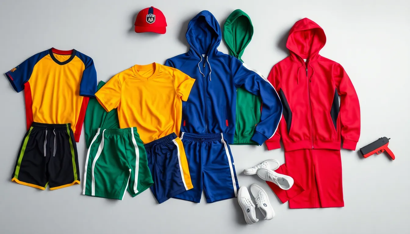 Colorful custom team sports apparel collection including jerseys, shorts, hoodies, and warm-up suits displayed flat with numbered player designs