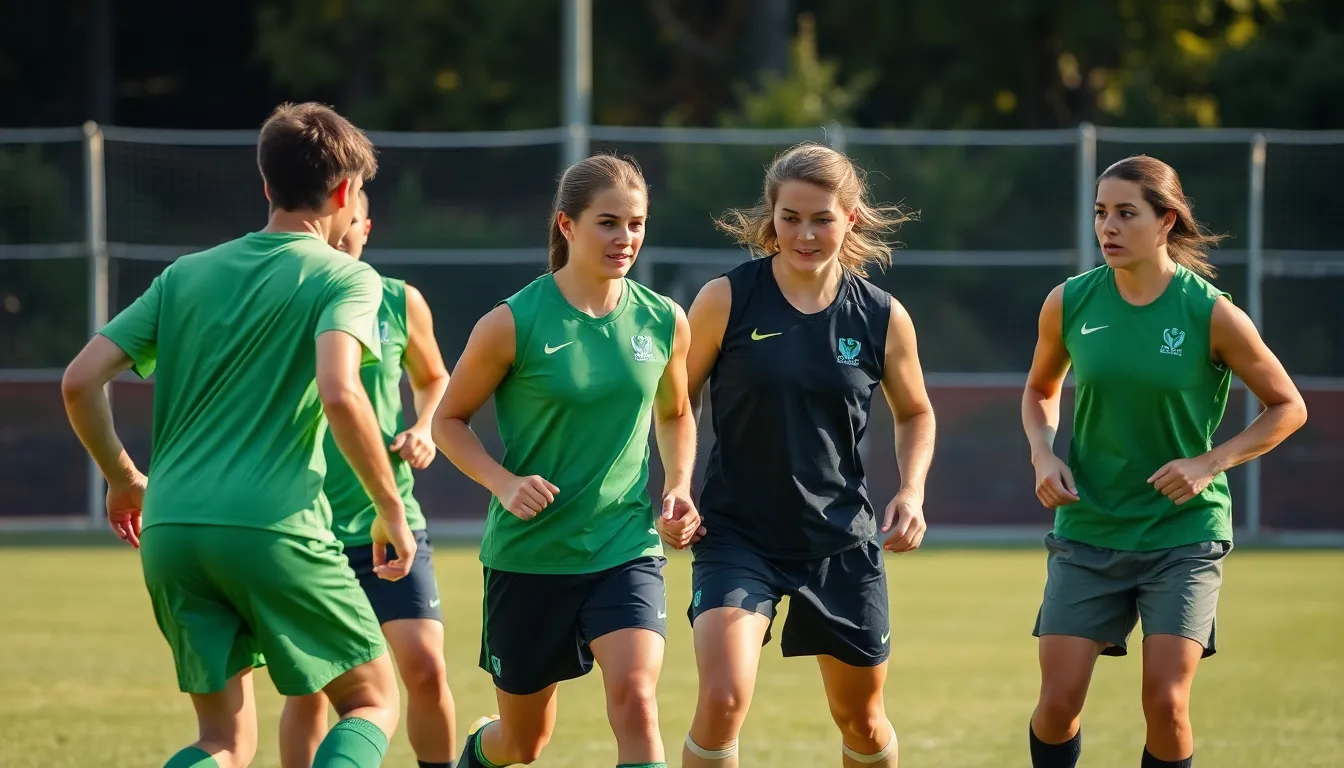 Athletes wearing sustainable eco-friendly recycled fabric sports uniforms in earth tones playing an outdoor team sport