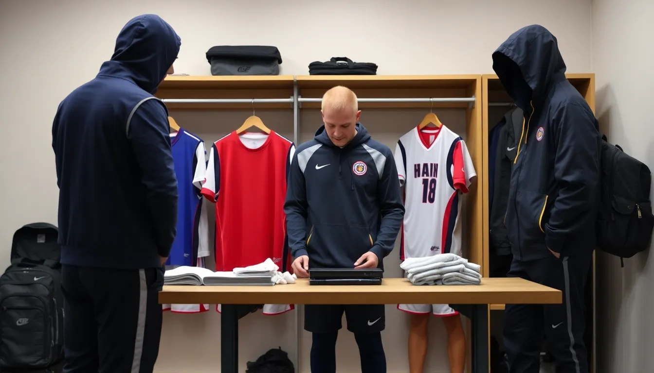 Coach organizing a complete team sports wardrobe including jerseys, shorts, warm-up suits, and bags for a youth sports team